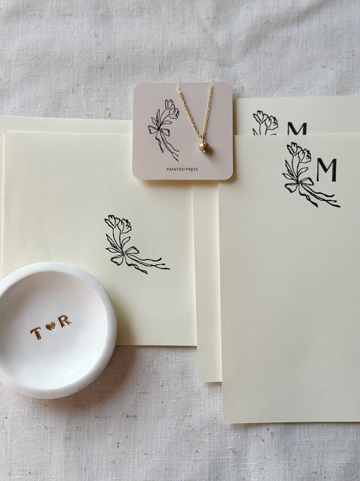 Custom Gift Set - Stationery, Art Print, Pearl Necklace, Dish