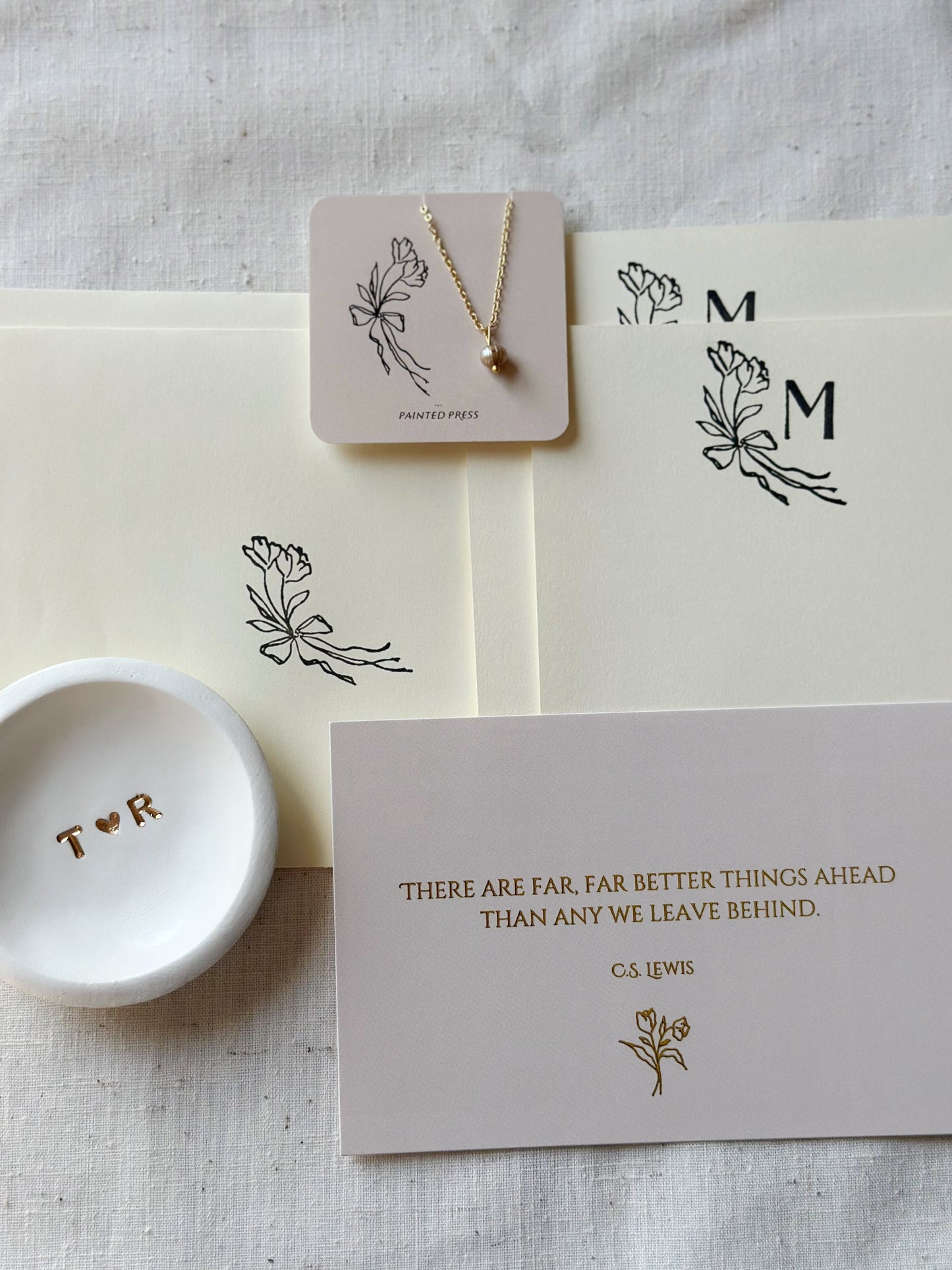 Custom Gift Set - Stationery, Art Print, Pearl Necklace, Dish
