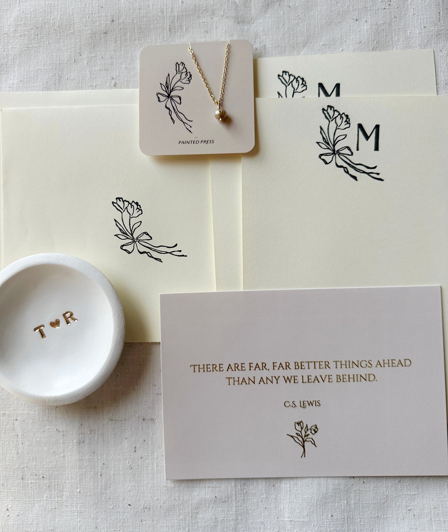 Custom Gift Set - Stationery, Art Print, Pearl Necklace, Dish
