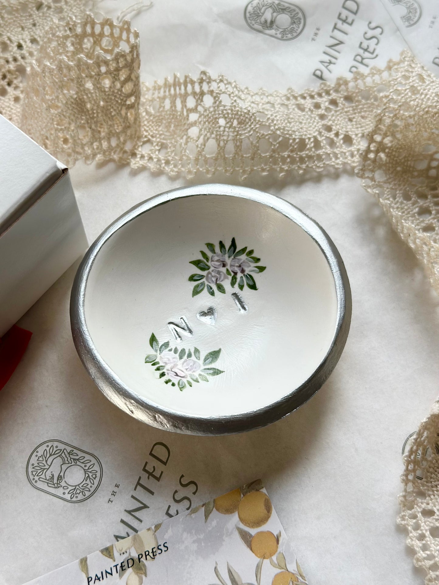 Personalized Ring Dish | Pearl Floral | Silver