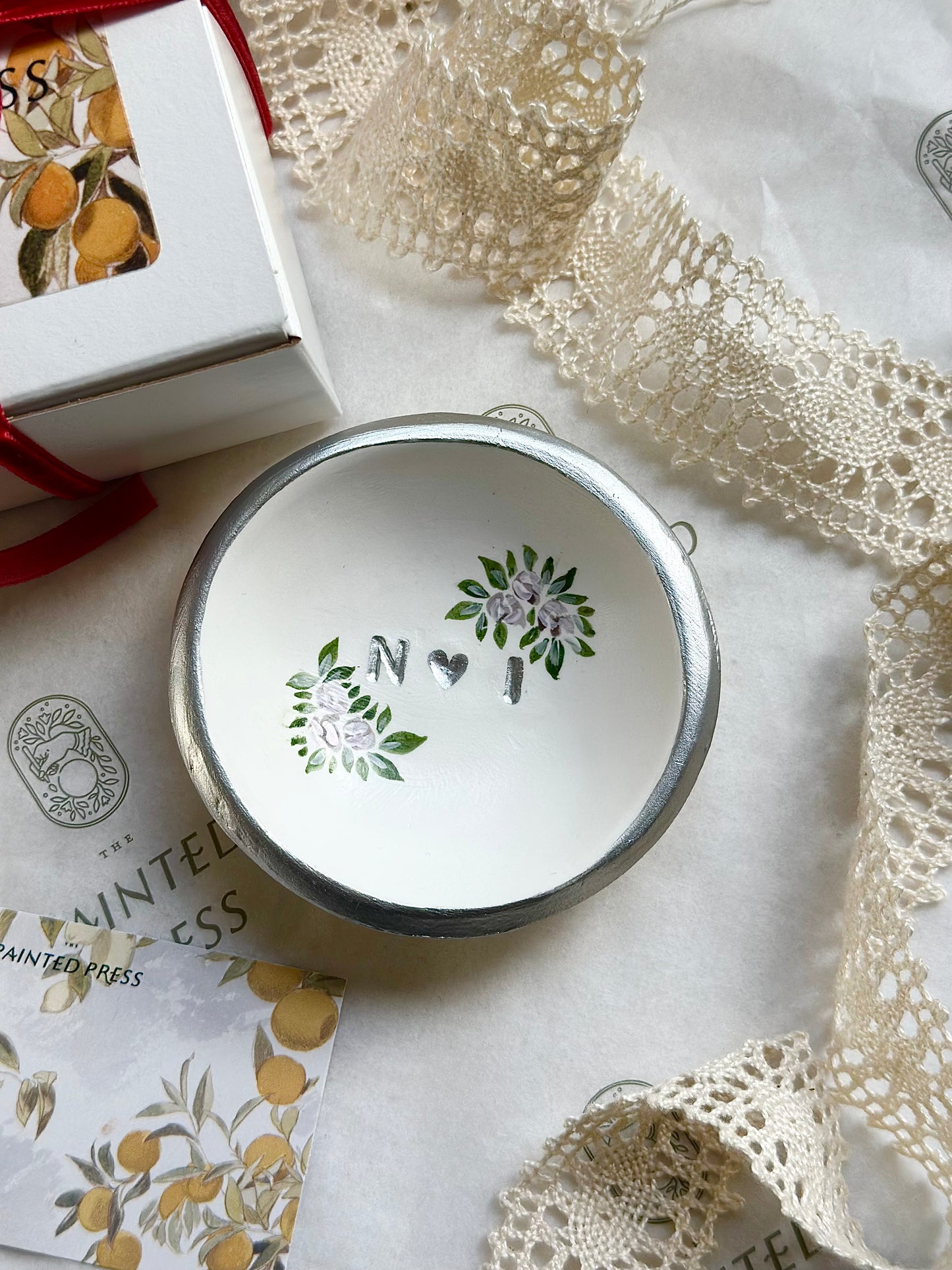 Personalized Ring Dish | Pearl Floral | Silver